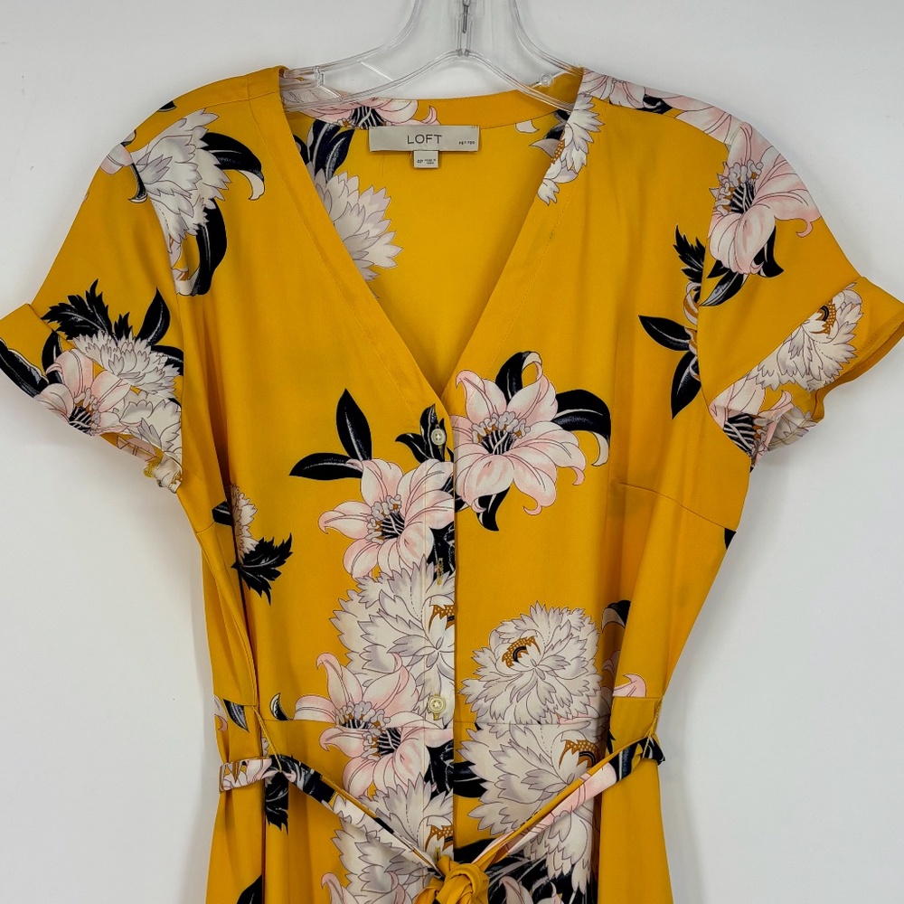 Loft Petites Womens 4P Button Front Maxi Shirt Dress Yellow Floral Belt Short Sl - Picture 3 of 9